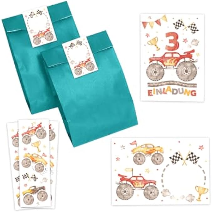 12 INVITATION CARDS FOR 3RD CHILDREN'S BIRTHDAY BOYS MONSTER TRUCK CAR INVITATION FOR THIRD BIRTHDAY INCLUDES 12 ENVELOPES, 12 PARTY BAGS / PETROL BLUE, 12 STICKERS AND 12 BOOKMARKS - Image 1